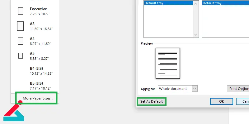 تغییر اندازه‌ی برگه پیش‌فرض در ورد