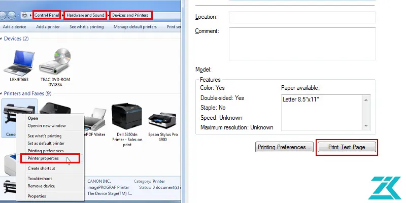 انتخاب  گزینه print test page در ویندوز 7